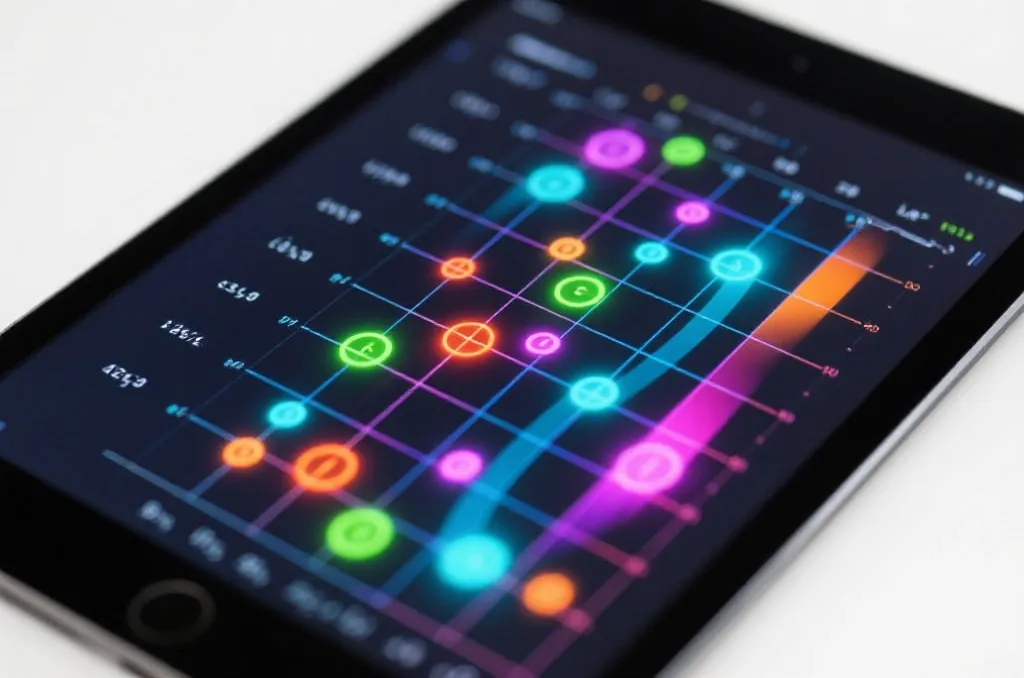 A tablet screen displaying a colorful mathematical grid chart with glowing abstract data points