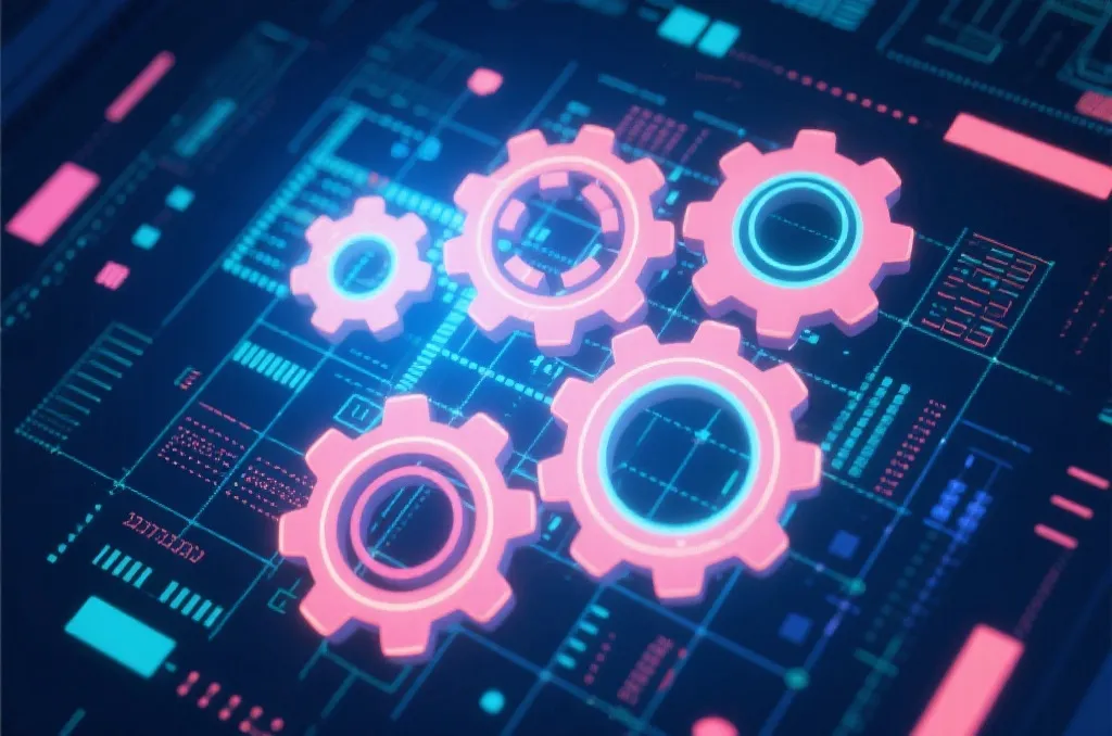 Abstract technology concept with glowing gears and digital data matrix, symbolizing algorithm customization